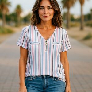 Pink Blue Striped Top Plus Size 2XL Lightweight Blouse 1/4 Zip Accent Office EUC